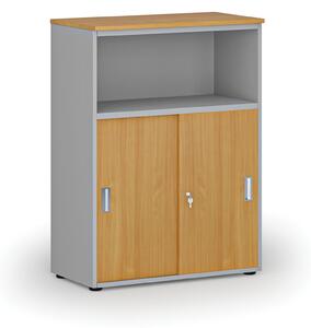 Kombinovaná kancelářská skříň se zásuvnými dveřmi PRIMO GRAY, 1087 x 800 x 420 mm, šedá/buk