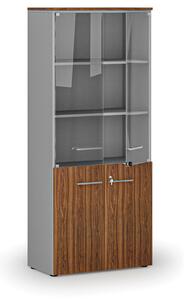 Kombinovaná kancelářská skříň PRIMO GRAY s dřevěnými a skleněnými dveřmi, 1781 x 800 x 420 mm, šedá/ořech