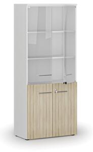 Kombinovaná kancelářská skříň PRIMO WHITE s dřevěnými a skleněnými dveřmi, 1781 x 800 x 420 mm, bílá/dub přírodní