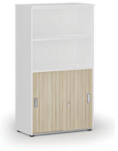 Kombinovaná kancelářská skříň PRIMO WHITE, zasouvací dveře na 2 patra, 800 x 420 x 1434 mm, bílá/dub přírodní