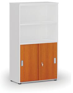 Kombinovaná kancelářská skříň PRIMO WHITE, zasouvací dveře na 2 patra, 800 x 420 x 1434 mm, bílá/třešeň