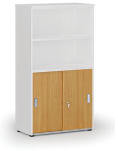 Kombinovaná kancelářská skříň PRIMO WHITE, zasouvací dveře na 2 patra, 800 x 420 x 1434 mm, bílá/buk