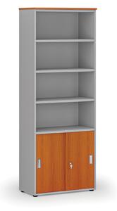 Kombinovaná kancelářská skříň PRIMO GRAY, zasouvací dveře na 2 patra, 2128 x 800 x 420 mm, šedá/třešeň