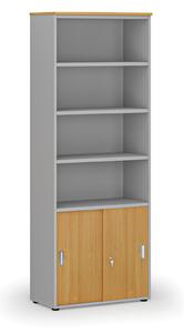 Kombinovaná kancelářská skříň PRIMO GRAY, zasouvací dveře na 2 patra, 800 x 420 x 2128 mm, šedá/buk