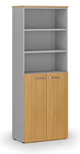 Kombinovaná kancelářská skříň PRIMO GRAY, dveře na 3 patra, 800 x 420 x 2128 mm, šedá/buk