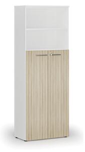 Kombinovaná kancelářská skříň PRIMO WHITE, dveře na 4 patra, 800 x 420 x 2128 mm, bílá/dub přírodní