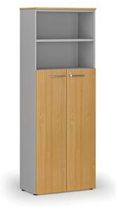 Kombinovaná kancelářská skříň PRIMO GRAY, dveře na 4 patra, 2128 x 800 x 420 mm, šedá/buk