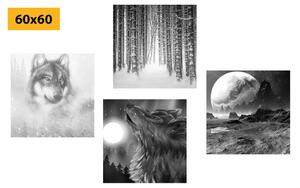 Set obrazů tajuplný vlk v černobílém provedení
