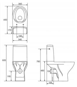 Cersanit Moduo 43 - WC kombi zadní odpad 3/5 CLEAN ON+WC sedátko duroplast SLIM, Bílá, K116-036