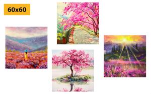 Set obrazů nádherná imitace olejomalby v růžové barvě