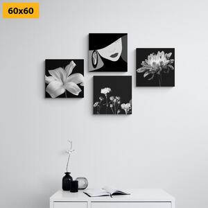 Set obrazů elegance ženy a květin v černobílém provedení