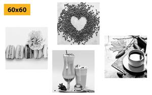 Set obrazů nápoje se sladkým potěšením v černobílém provedení