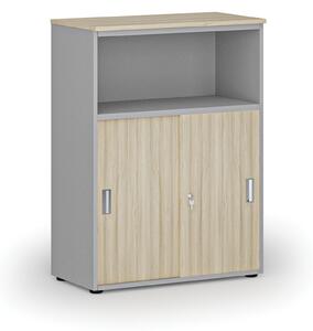 Kombinovaná kancelářská skříň se zásuvnými dveřmi PRIMO GRAY, 1087 x 800 x 420 mm, šedá/dub přírodní