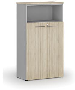 Kombinovaná kancelářská skříň PRIMO GRAY, dveře na 3 patra, 1434 x 800 x 420 mm, šedá/dub přírodní