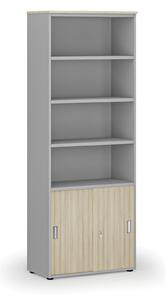 Kombinovaná kancelářská skříň PRIMO GRAY, zasouvací dveře na 2 patra, 2128 x 800 x 420 mm, šedá/dub přírodní