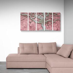 5-dílný obraz abstraktní strom na dřevě s růžovým kontrastem