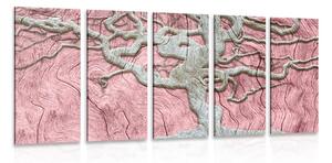 5-dílný obraz abstraktní strom na dřevě s růžovým kontrastem