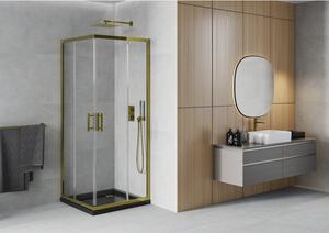 Mexen Rio čtvercový sprchový kout 90 x 90 cm, Průhledné, Zlatá + sprchová vanička Flat, Černá- 860-0