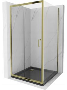 Mexen Apia rozsouvací sprchový kout 90 x 90 cm, Průhledné, Zlatá + sprchová vanička Flat, Černá