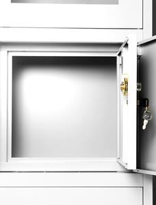 Plechová policová skříň s vitrínou, zásuvkami a trezorem pro důležité věci FILIP, 900 x 1850 x 400 mm, bílá