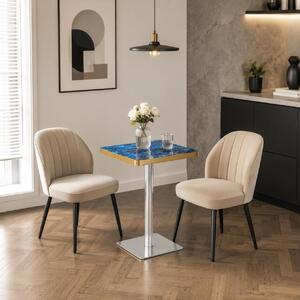 Sada stolku a židlí, kulatý stolek o průměru 60 cm, materiál MDF, 2 sametové židle, opěradlo ve tvaru okvětního lístku (modrá barva)