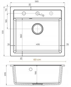 Sink Quality Ferrum, kuchyňský granitový dřez 565x510x205 mm + černý sifon, černá skvrnitá-Brocade, SKQ-FER.B.1K60.XB