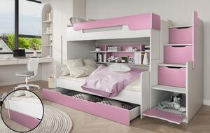 Patrová postel HARRY pro 3 osoby včetně úložného prostoru (Růžová)