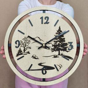 Nástěnné hodiny Lesní krajina gravírované | PUPOU: HDF - Javor 30 cm 4795-115320 HDF0607-čiene-ruky