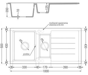 Mexen Andres 1,5-miskový granitový dřez s odkapávačem 1000 x 500 mm Černá/Stříbrná kovová sifon Čern