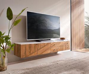 DELIFE TV stolek Bahan 175 cm mango teak 2 dvířka 2 zásuvky bílá mramorová deska závěsný