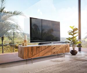 DELIFE TV stolek Bahan 175 cm mango teak 2 dvířka 2 zásuvky mramorová deska bílá podnož ve tvaru "V" nerezová ocel