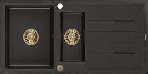 Mexen Andres 1,5-miskový granitový dřez s odkapávačem 1000 x 500 mm Černá/Zlatá kovová, sifon Zlatá