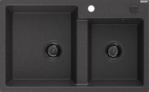 Mexen Tomas 2-miskový granitový dřez 800 x 500 mm, Skvrnitá černá, sifon Černá