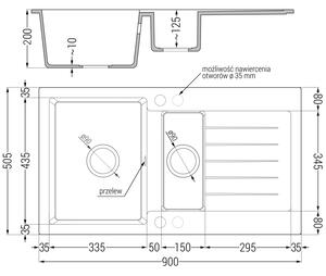 Mexen Matias 1,5-miskový granitový dřez s odkapávačem a kuchyňskou baterií Duo, Bílá