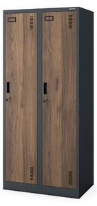Plechová šatní skříň na soklu s polici KACPER, 800 x 1800 x 500 mm, Eco Design: antracitová/ ořech