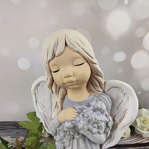 Modrošedý sádrový anděl Malgosia s květinami- 26 cm