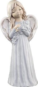 Modrošedý sádrový anděl Malgosia s květinami- 26 cm