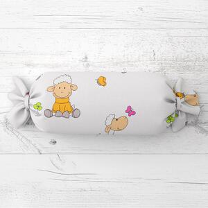 Biante Dětský polštář válec bonbon Sandra SA-728 Veselé ovečky na bílém 15x40 cm