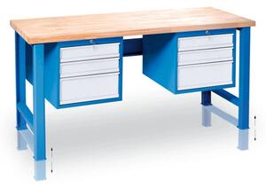 Výškově nastavitelný pracovní stůl GD se 2 závěsnými boxy na nářadí, buková spárovka, 6 zásuvek, 2000 x 685 x 850 - 1050 mm, modrá