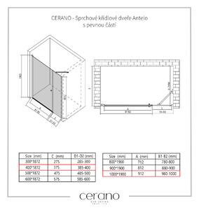 CERANO - Sprchové křídlové dveře Antelo s pevnou částí L/P - chrom, transparentní sklo - 100x40 cm