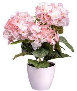 Umělá květina Hortenzie růžová v bílém květináči, 32cm