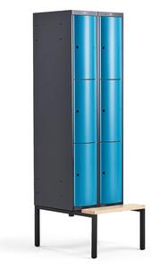 AJ Produkty Boxová šatní skříň CURVE, 2 sekce, 6 boxů, 2120x600x550 mm, lavice, modré dveře
