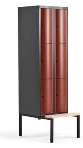 AJ Produkty Boxová šatní skříň CURVE, 2 sekce, 6 boxů, 2120x600x550 mm, lavice, červené dveře