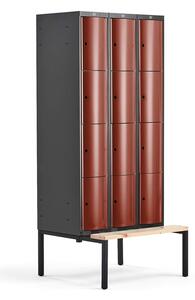 AJ Produkty Boxová šatní skříň CURVE, 3 sekce, 12 boxů, 2120x900x550 mm, lavice, červené dveře
