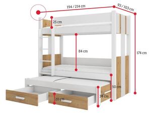Dětská patrová postel TEMA + 3x matrace, 90x200, bílá