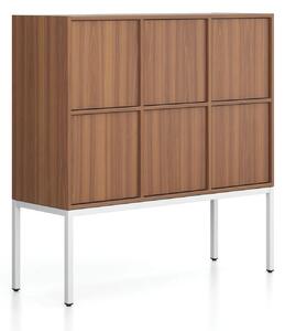 Kancelářská skříň FRAME, nízká, bílá podnož, 6x dveře, 1299 x 450 x 1331 mm, PUSH-lock, ořech