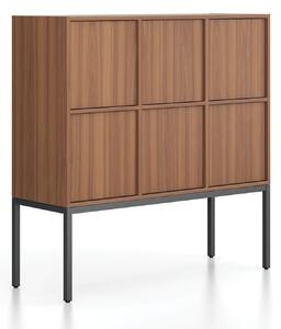 Kancelářská skříň FRAME, nízká, černá podnož, 6x dveře, 1299 x 450 x 1331 mm, PUSH-lock, ořech