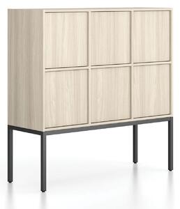 Kancelářská skříň FRAME, nízká, černá podnož, 6x dveře, 1299 x 450 x 1331 mm, PUSH-lock, dub přírodní