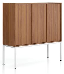 Kancelářská skříň FRAME, nízká, bílá podnož, 3x dveře, 1299 x 450 x 1331 mm, PUSH-lock, ořech