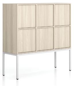 Kancelářská skříň FRAME, nízká, bílá podnož, 6x dveře, 1299 x 450 x 1331 mm, PUSH-lock, dub přírodní